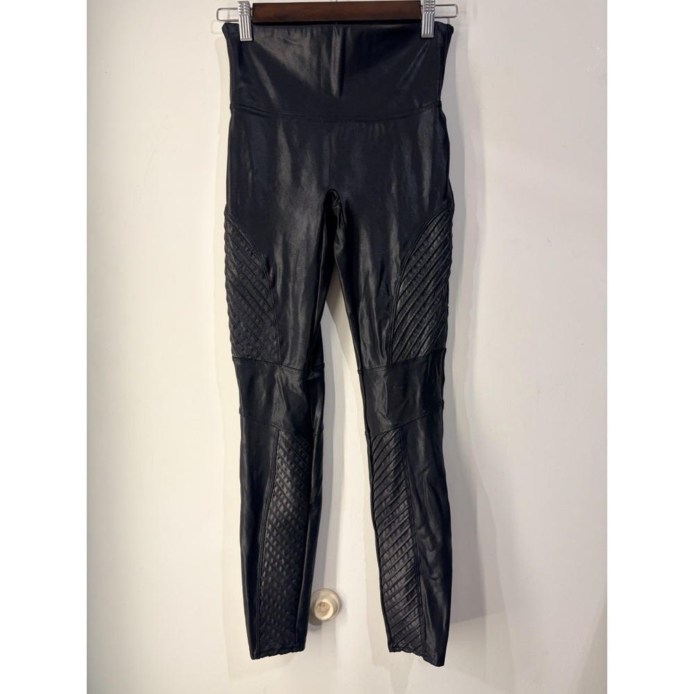 SPANX Faux Leather Moto Leggings Black Quilted High Rise Size M Shaping
